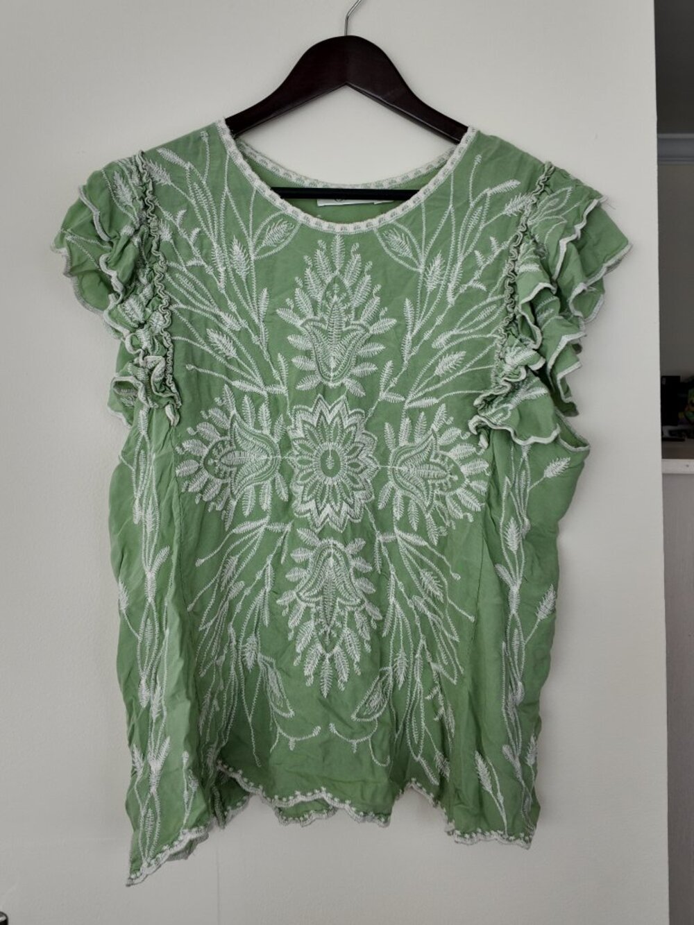Solitaire Light Green Boho Embroidered Ruffle Cap Sleeve Blouse | Size 1X